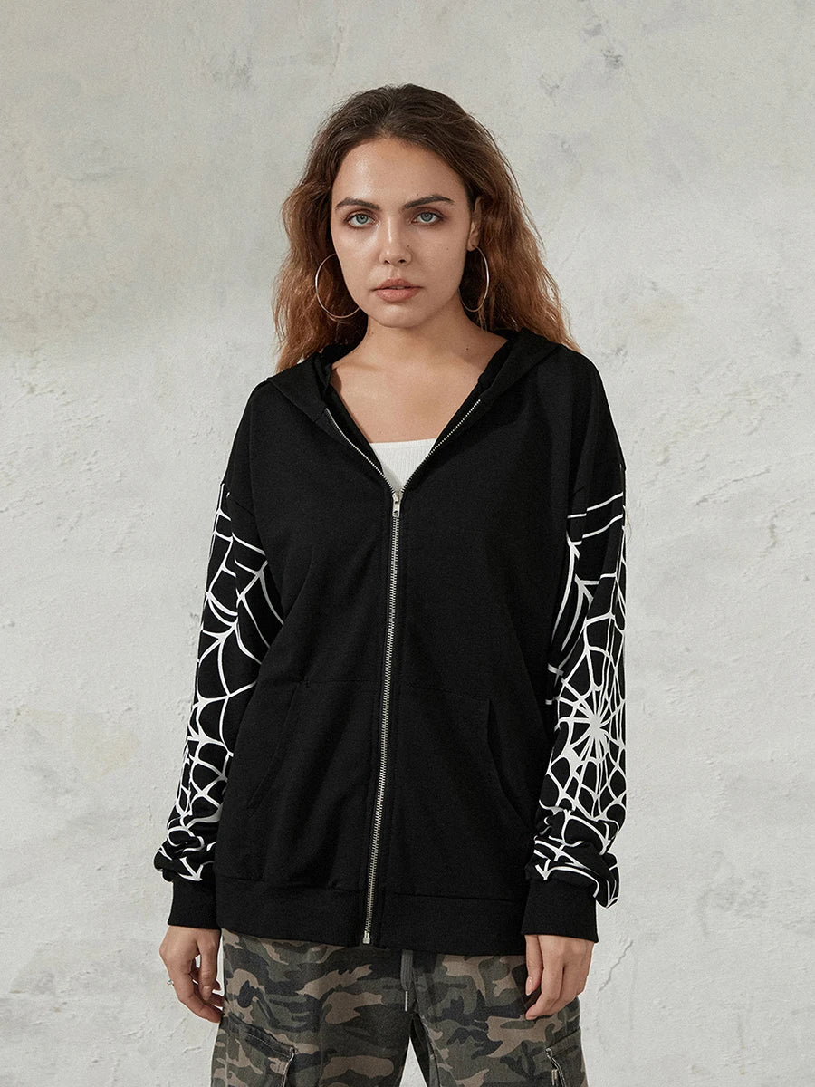 Men Women Zip Up Hoodies Fashion Spider Web Print Long Sleeve Oversized Sweatshirts Streetwear Tops
