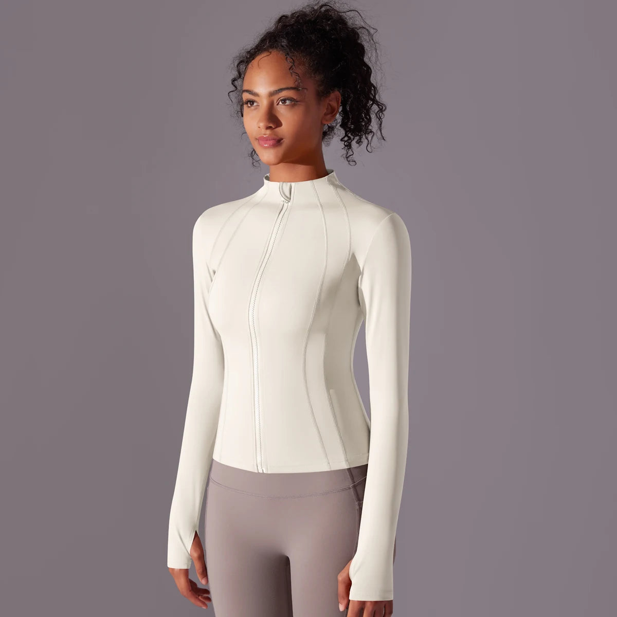 Gym Women's Full Zip Yoga Top With Thumbholes Fitness Running Jacket Stretch Fit Long Sleeve Round Neck Top Sportswear Workout