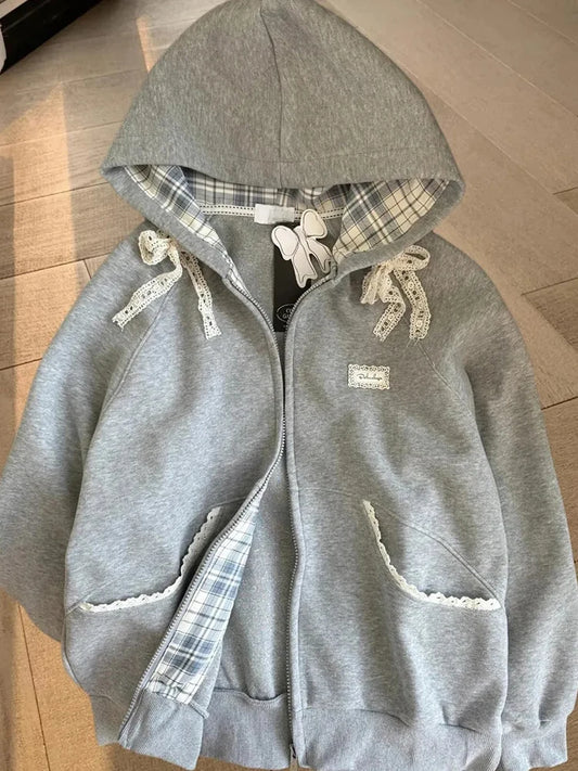 Zoki Spitze Patchwork Hoodies Frauen Niedlichen Bogen Langarm Sweatshirt Japan Adrette Süße Lose Langarm Weibliche Grau Outwear