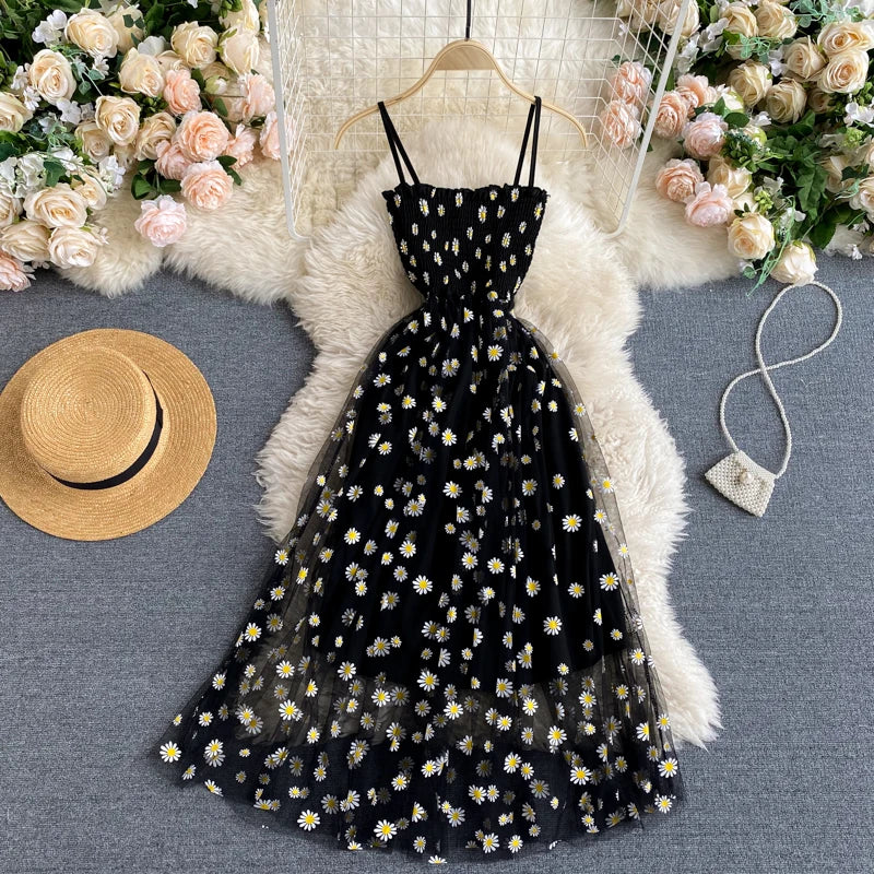 YuooMuoo Romantisches Blumendruck-Träger-langes Kleid Frauen Grundlegendes elastisches Mesh-Strandkleid mit hoher Taille Urlaub Sommerkleid Vestidos