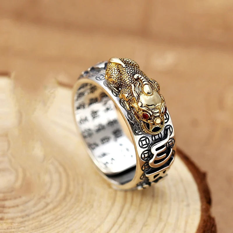 Chinesischer Feng Shui Pixiu-Ring, versilberte Kupfermünzen, verstellbare Ringe für Frauen und Männer, Amulett, Reichtum, Glücksschmuck, Geburtstagsgeschenk