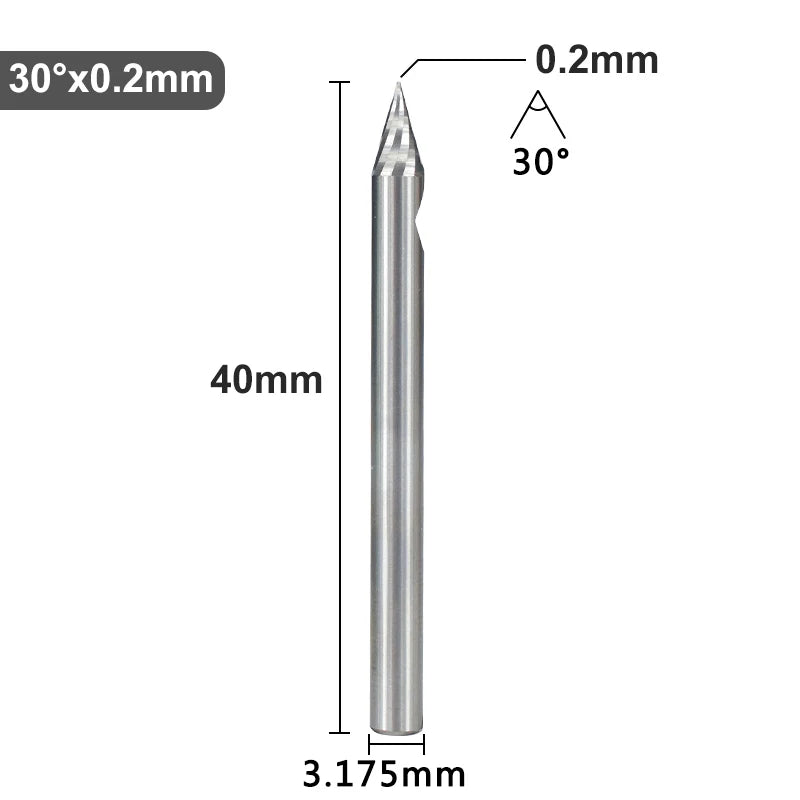 XCAN PCB-Gravurbit, 3,175 mm Schaft, V-förmige Schnitzbits, 10–30 Grad, Hartmetall-CNC-Fräser, mit 0,1 mm Spitze, Holzfräser