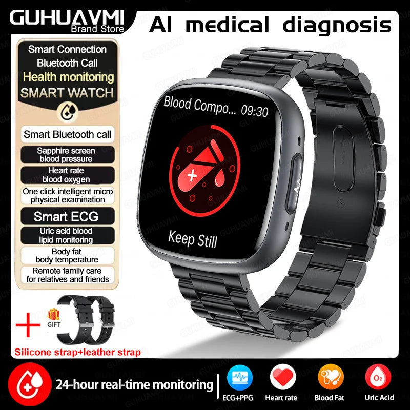 2025 New Accurate Measure Blood oxygen Lipids Uric Acid Smart Watch Men ECG Blood Pressure Health SmartWatches For Android ios