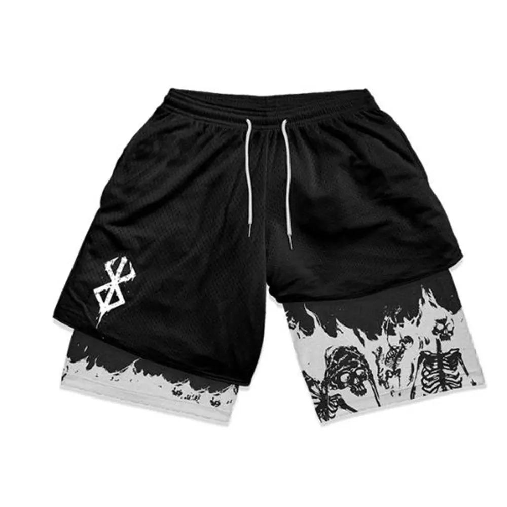 Men's 2 in 1 Running Shorts Male Workout Anime Shorts Training Yoga Gym Sportswear Pants Sport Short Pants with Pockets