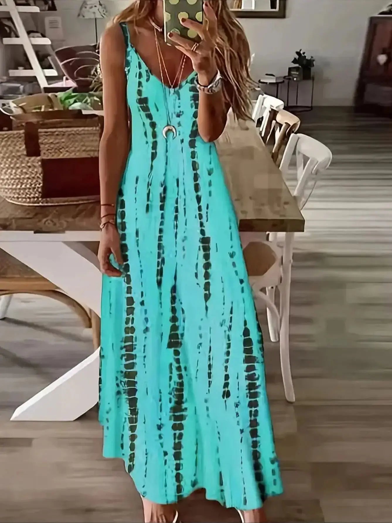 Damen Casual Loose V-Ausschnitt Tie Dye Printed Spaghetti Maxikleid Sommer Strandurlaub Langes Kleid