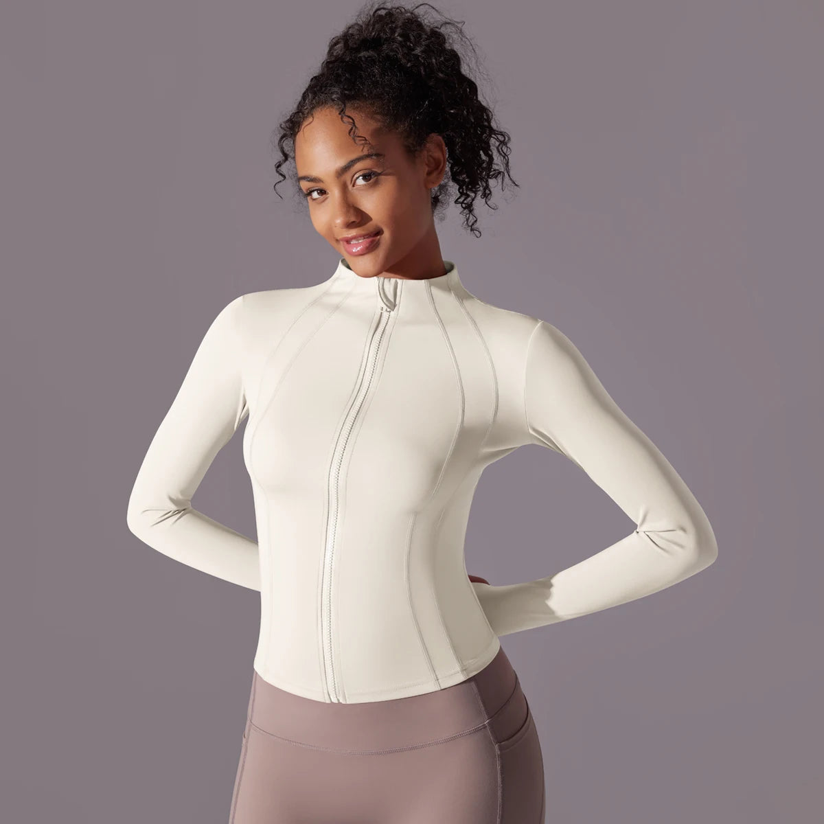 Gym Women's Full Zip Yoga Top With Thumbholes Fitness Running Jacket Stretch Fit Long Sleeve Round Neck Top Sportswear Workout