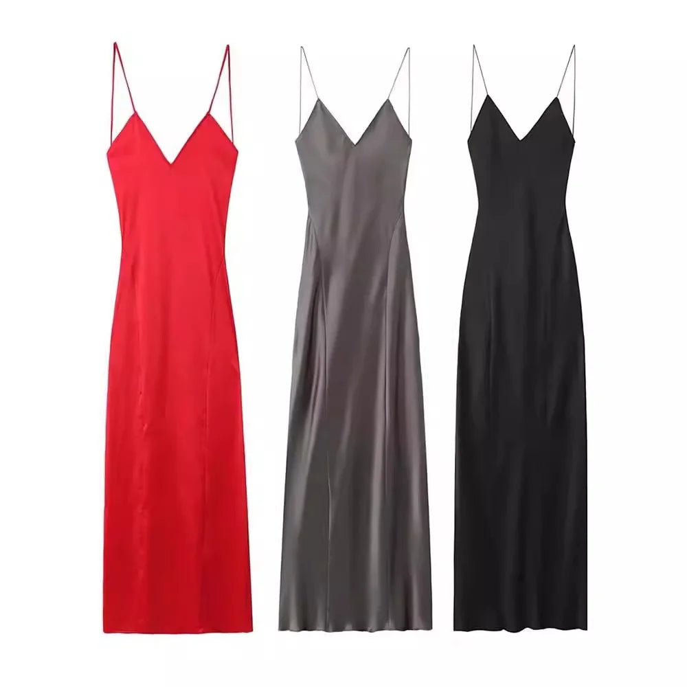 2024 frauen Neue Chic Mode Temperament Satin Dünne Schulter Gurt Unterwäsche Schlank Lange Kleid Retro Backless frauen Kleid Mujer