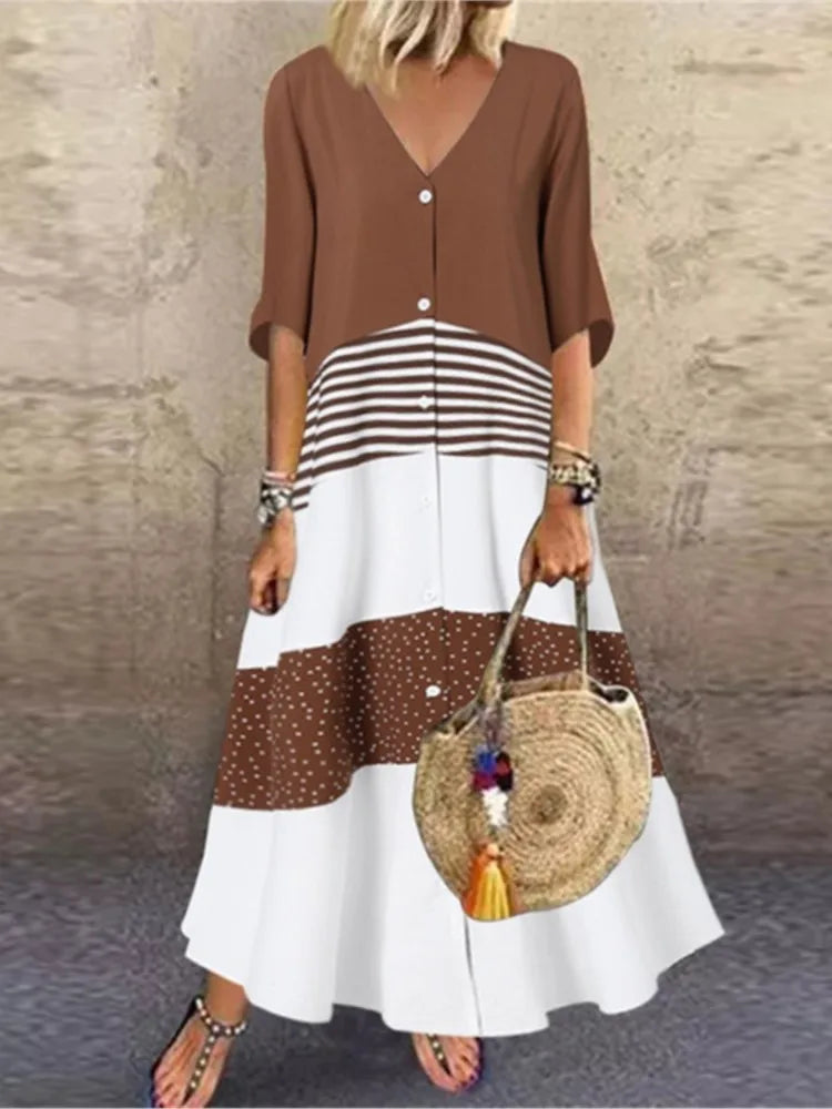 Damen Frühling Sommer Neue Stil Sexy V-Ausschnitt Mode Gedruckt Langes Ein-Schulter-Kleid Beiläufige Lose Fünf Ärmel Langes Kleid