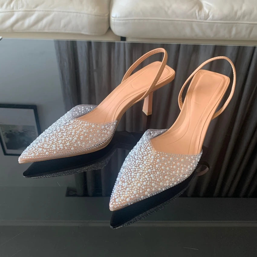 2024 mode Sommer Frauen High Heels Perle Dekoration Slingback Frau Pumpen Spitz High Heels Sandalen Elegante Frau Schuhe