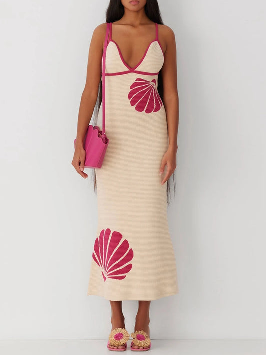 Langes Strick-Camisole-Kleid für Damen, ärmellos, offener Rücken, V-Ausschnitt, Muschel-Print, Kleider im 90er-Jahre-Stil, Vintage, elegantes, schmales langes Kleid