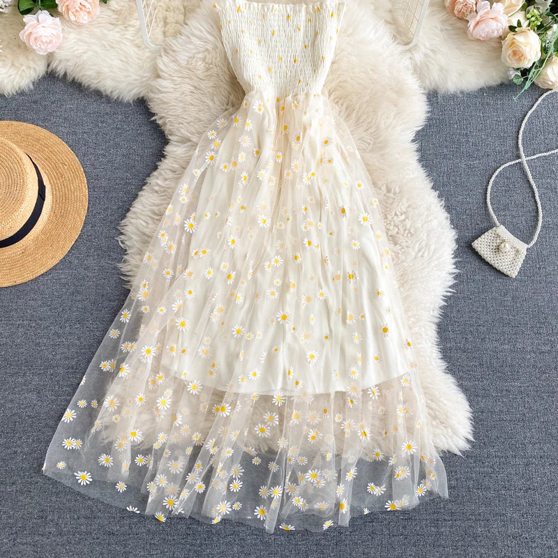YuooMuoo Romantisches Blumendruck-Träger-langes Kleid Frauen Grundlegendes elastisches Mesh-Strandkleid mit hoher Taille Urlaub Sommerkleid Vestidos