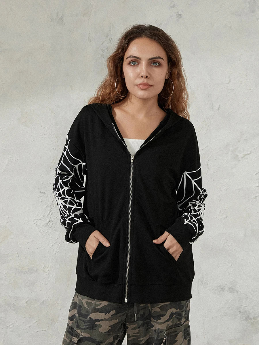 Men Women Zip Up Hoodies Fashion Spider Web Print Long Sleeve Oversized Sweatshirts Streetwear Tops