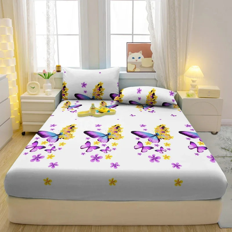 1 Simple Modern Butterfly Printed Matte Fitted Sheet, Bedroom Printed Bed Cover, Bedding (Excluding Pillowcases)