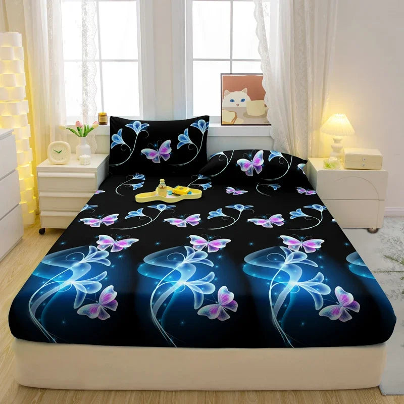 1 Simple Modern Butterfly Printed Matte Fitted Sheet, Bedroom Printed Bed Cover, Bedding (Excluding Pillowcases)