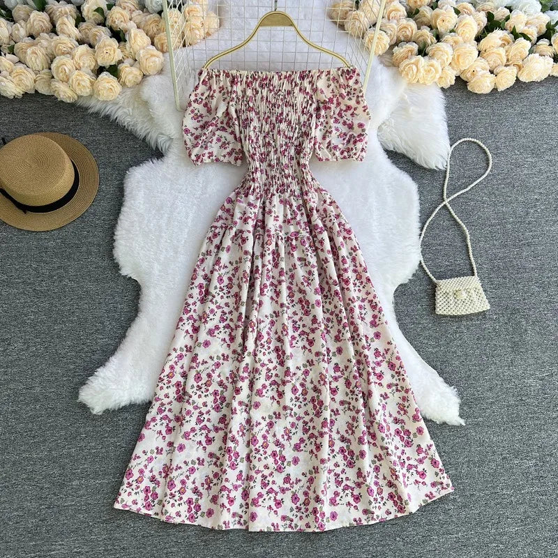 YuooMuoo Damenkleid, Sommer, schulterfrei, Puffärmel, Blumendruck, A-Linie, langes Kleid, Damen, Urlaubsmode, Strand, Vestidos