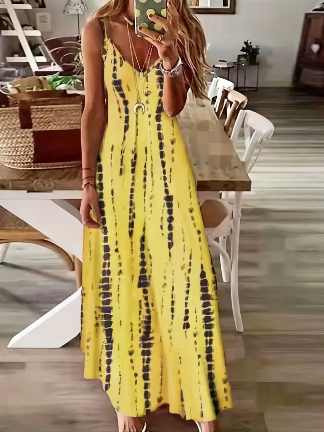 Damen Casual Loose V-Ausschnitt Tie Dye Printed Spaghetti Maxikleid Sommer Strandurlaub Langes Kleid
