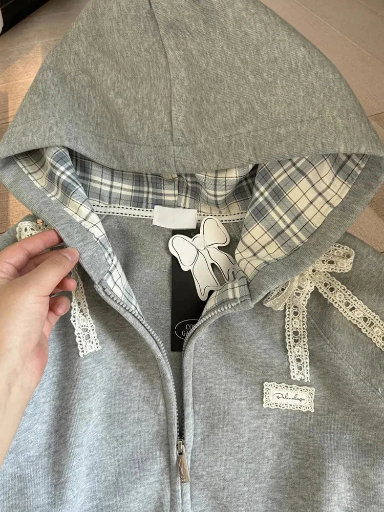 Zoki Spitze Patchwork Hoodies Frauen Niedlichen Bogen Langarm Sweatshirt Japan Adrette Süße Lose Langarm Weibliche Grau Outwear